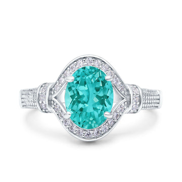 Oval Art Deco Wedding Ring Accent Vintage Simulated Paraiba Tourmaline CZ 925 Sterling Silver